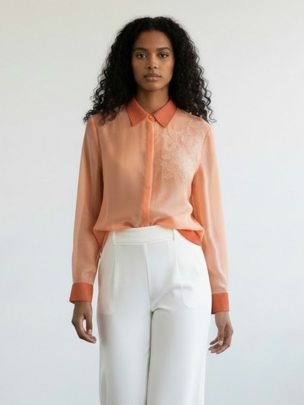 1308 • Shades Of Coral Tencel Blend  Floral Lace Embellished Button Front Blouse